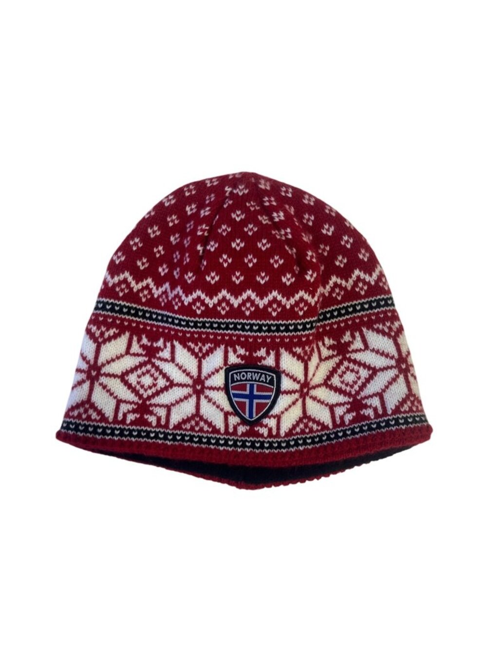 Rokk Norwegian Nordic Pattern Knit Beanie Hat Norway Flag Patch Red White